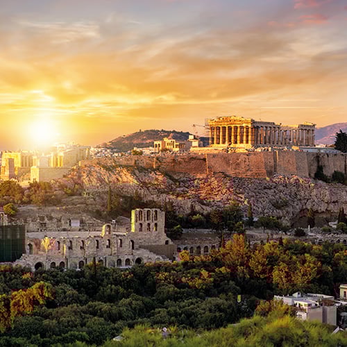 A panoramic view of the Acropolis of Athens Greece at sunset
